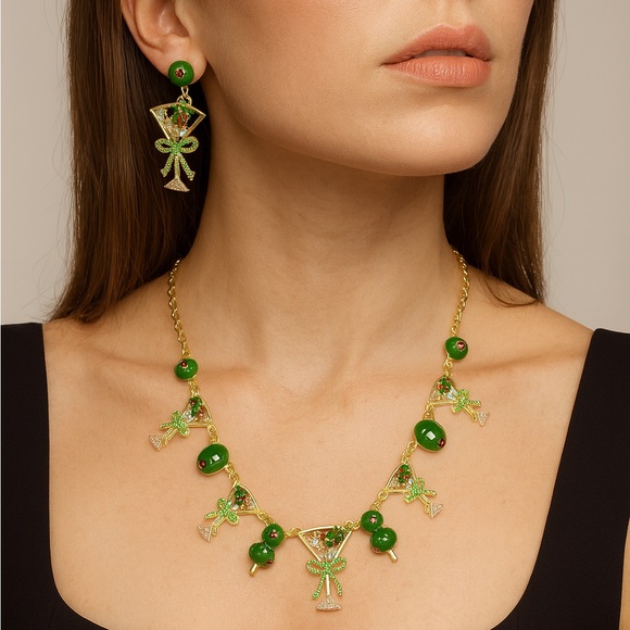 Olive Martini Cocktail Necklace & Earrings Set | Green Olives Jewelry for Women - Picture 1 of 7